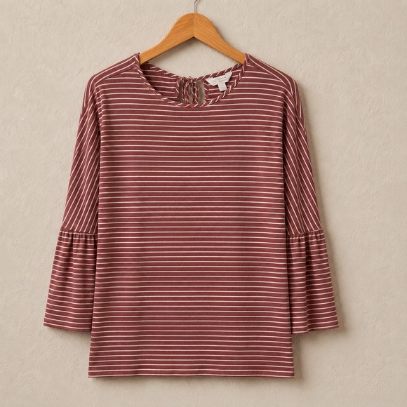 LC Lauren Conrad Tops - LC Lauren Conrad Striped Bell Sleeve Top Mauve Pink Boho Keyhole Ruffle Shirt S